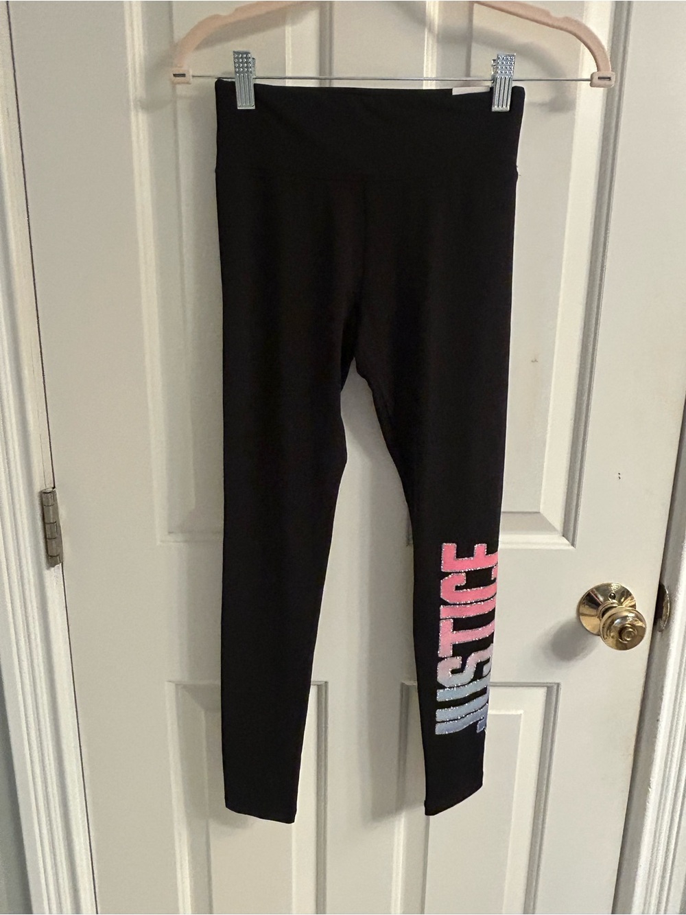 NWT- Justice Black Leggings with Pink and Blue Ombre Logo